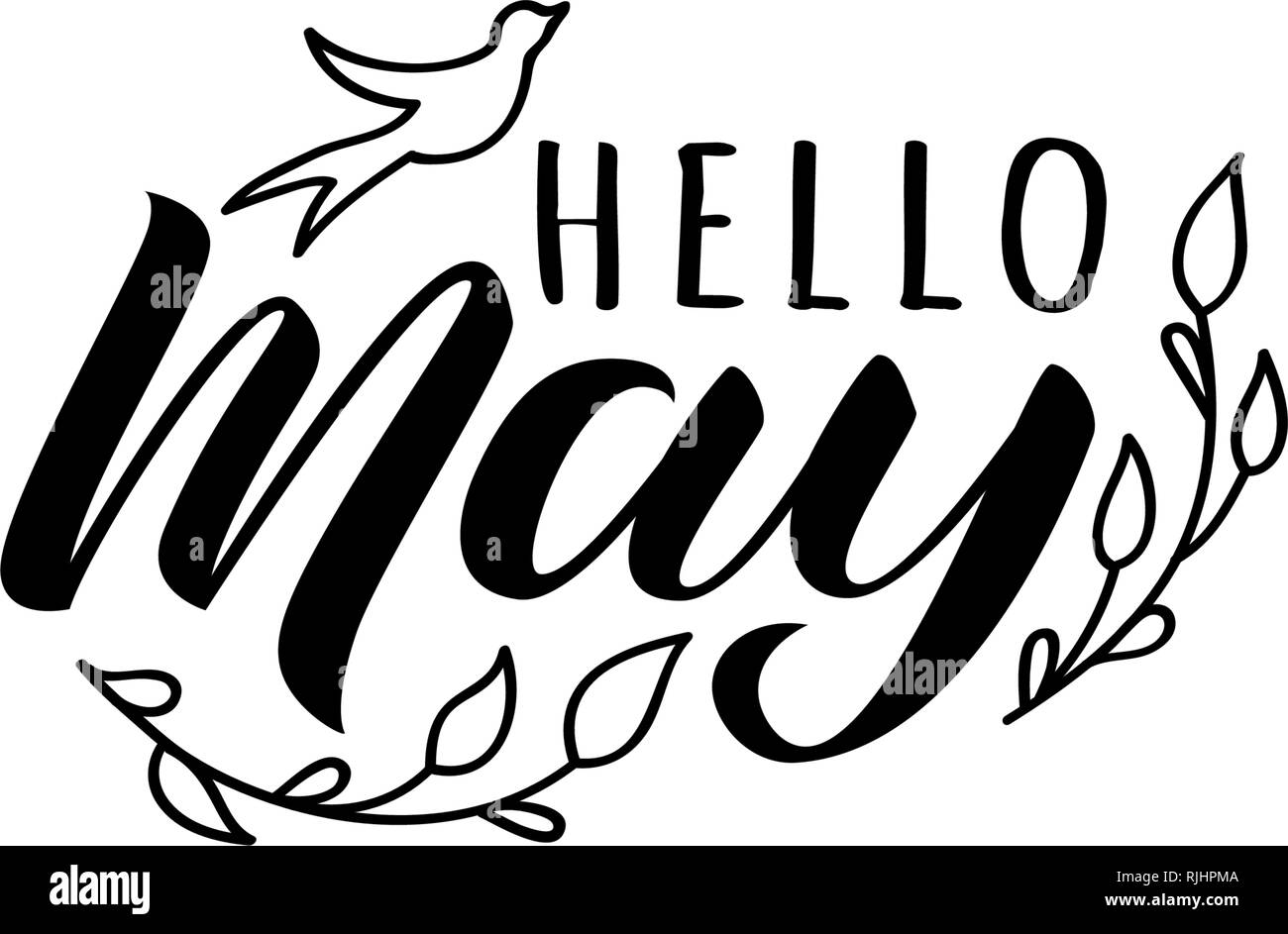 Hello May hand drawn lettering card with doodle swallow and branches. Inspirational spring quote. Motivational print for invitation  or greeting cards Stock Vector