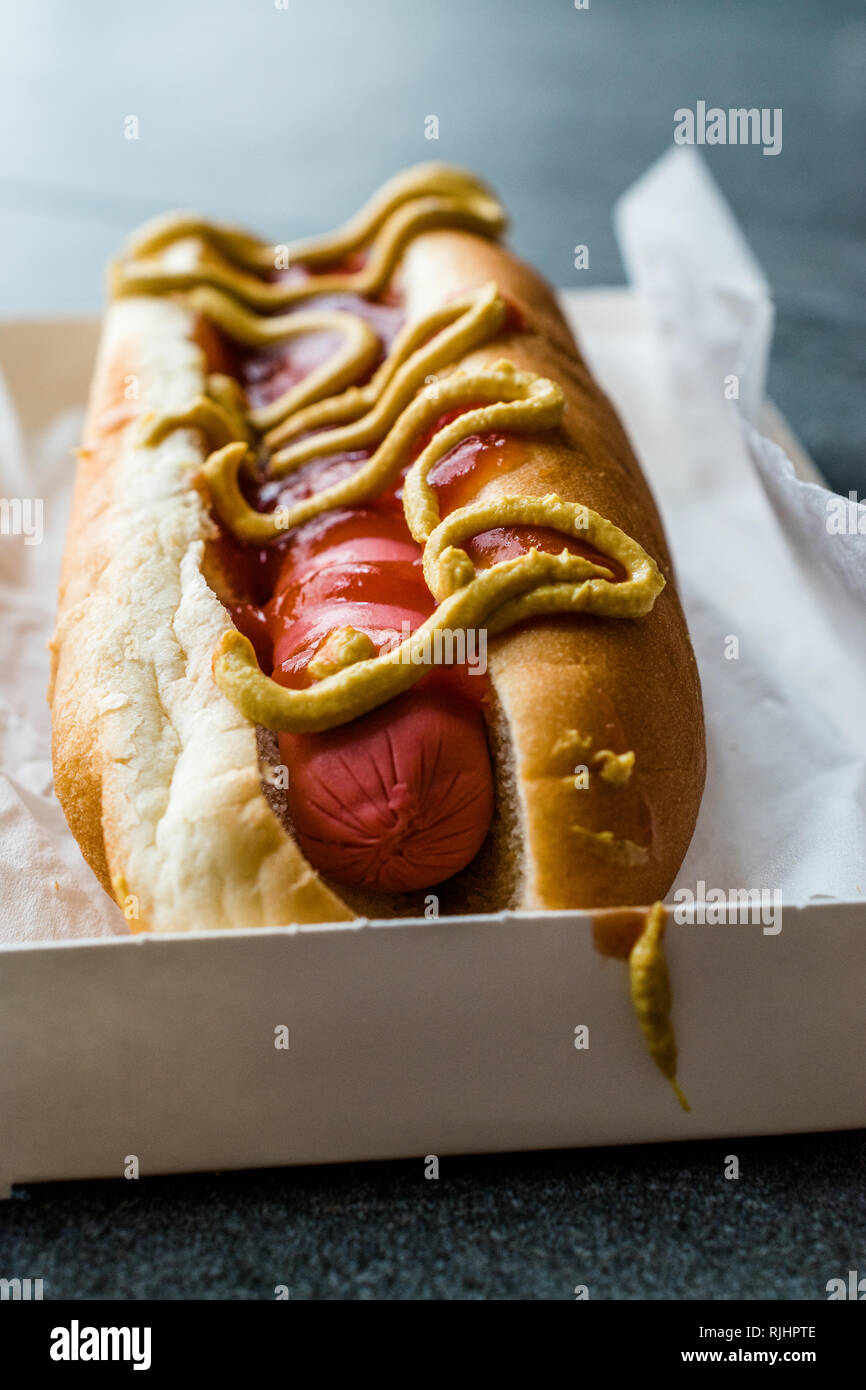 Box of Hot Dog with Ketchup and Mustard / Sausage Sandwich. Fast Food