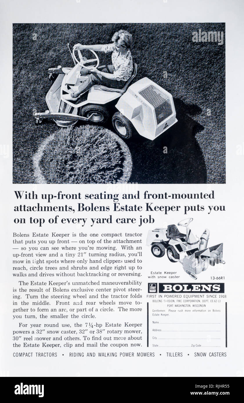 A 1966 magazine advertisement for the Bolens Estate Keeper sit on lawnmower. Stock Photo
