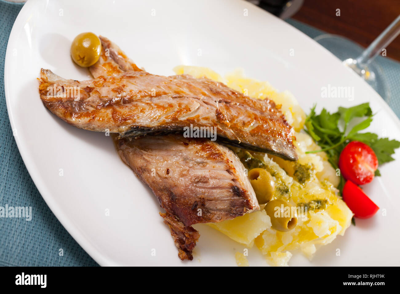 Fried mackerel fillets with mashed potatoes Stock Photo Alamy