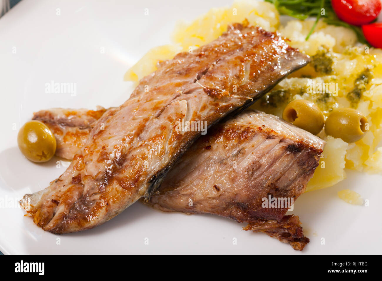 Fried mackerel fillets with mashed potatoes Stock Photo Alamy
