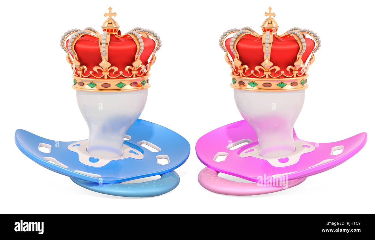 Royal twins concept. Two pacifiers with golden crown. 3D rendering isolated on white background Stock Photo