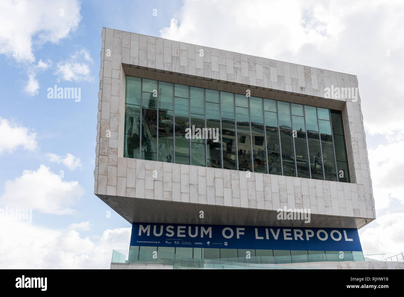 Street reflections in windows of Museum of Liverpool, Pier Head, Merseyside, UK Stock Photo