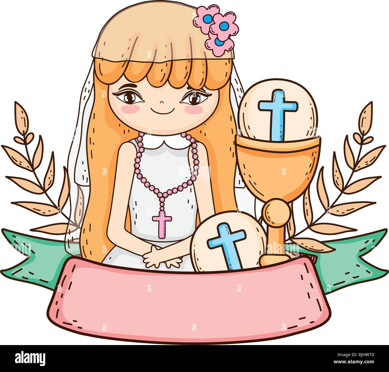 little girl with chalice in first communion celebration Stock Vector