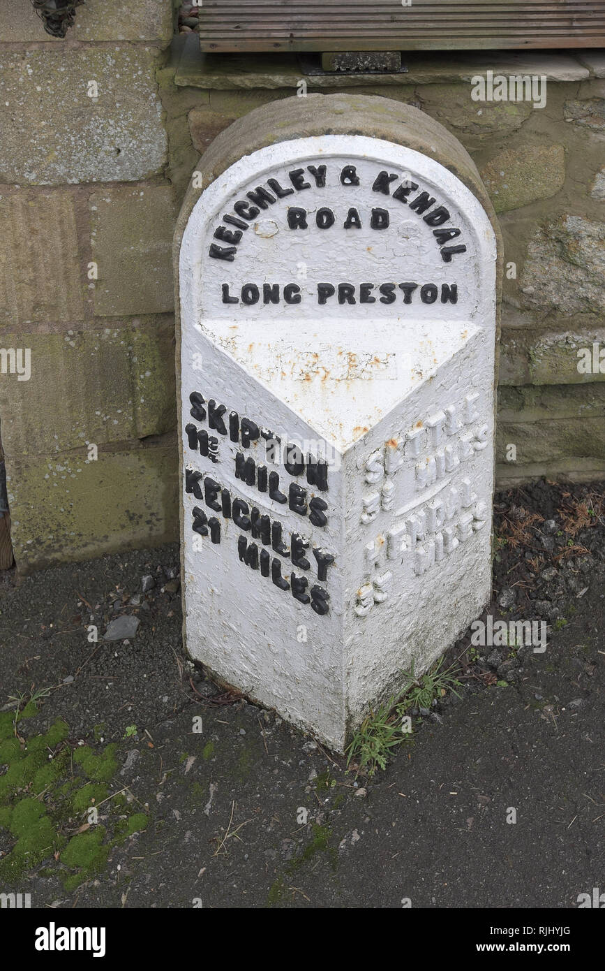 Long Preston listed buildings,Milestone Stock Photo Alamy