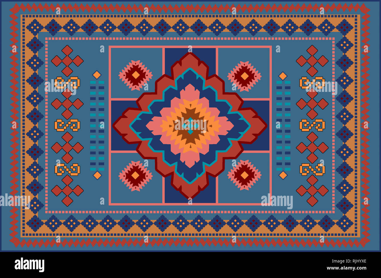 Original pattern of luxurious old oriental carpet with red, yellow and ...