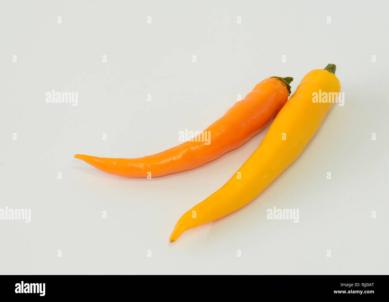 Chili Pepper (Capsicum annuum). Two yellow ripe fruit. Studio picture against a white background. Germany Stock Photo