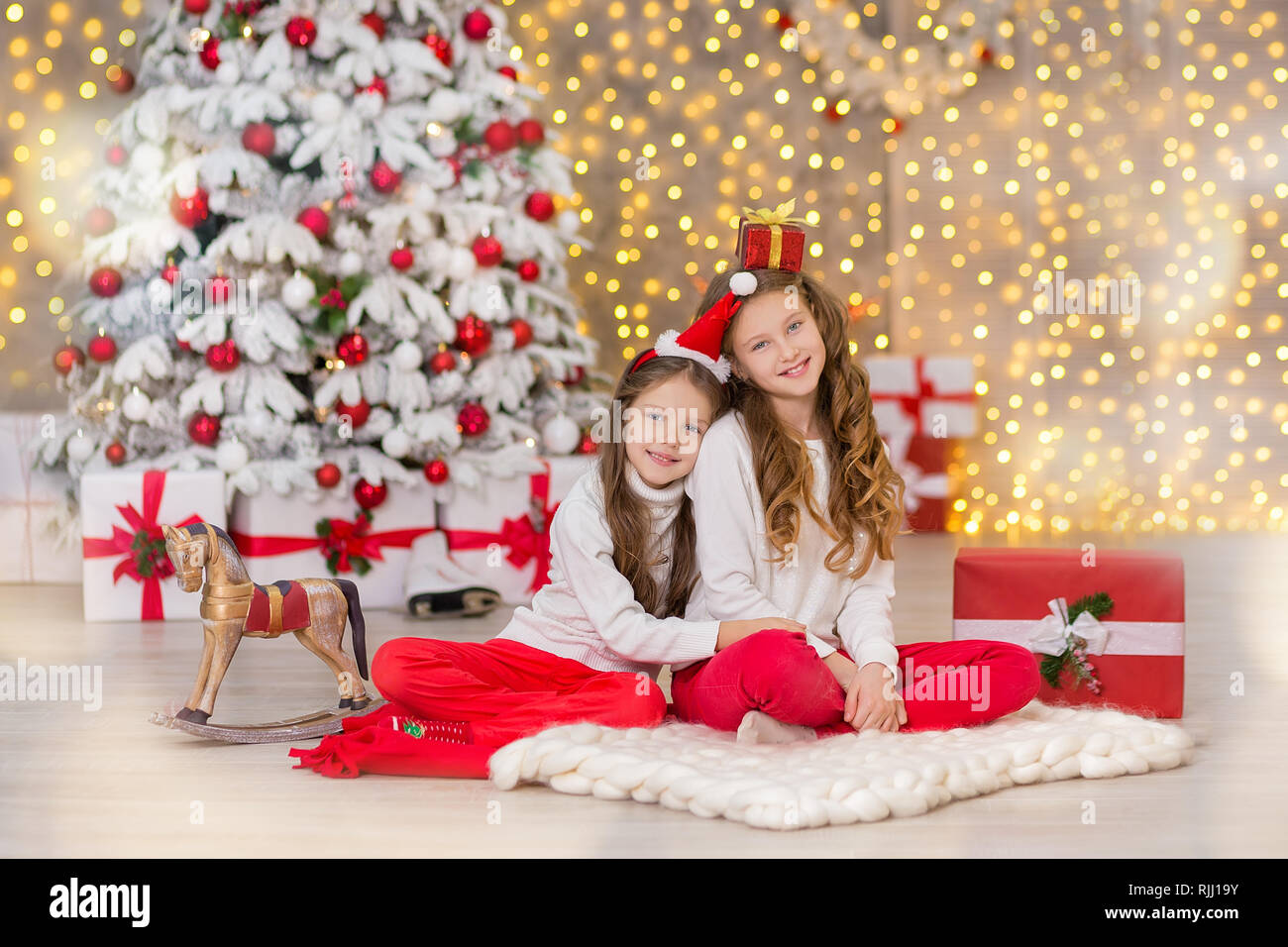 Portrait of two one young girls sisters close to white green Christmas  tree. The girls in beautiful evening dresses clothes in New Year awesome  unique Stock Photo - Alamy