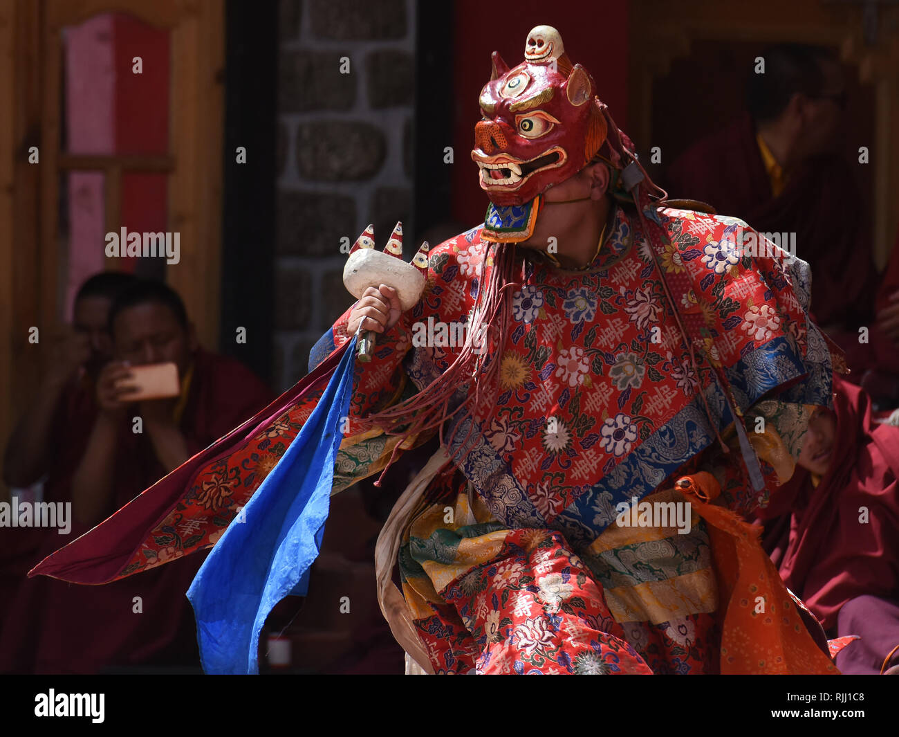 Tantric deed Red Buddhist monstrosity for religious ritual, Cham Dance, Tibet. Stock Photo