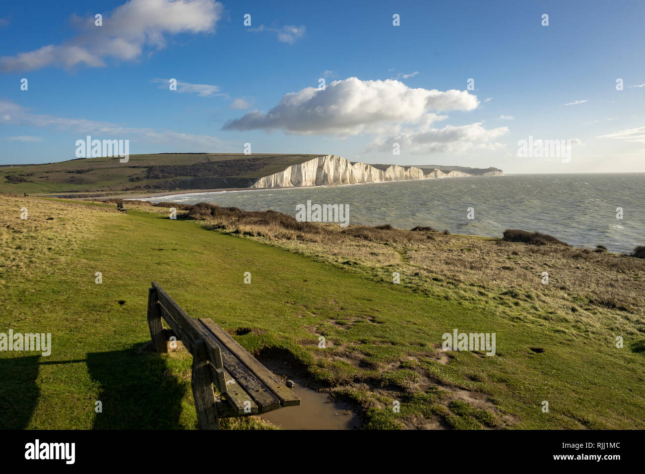 View point on cliff top overlooking the Seven Sisters Cliffs. Stock Photo