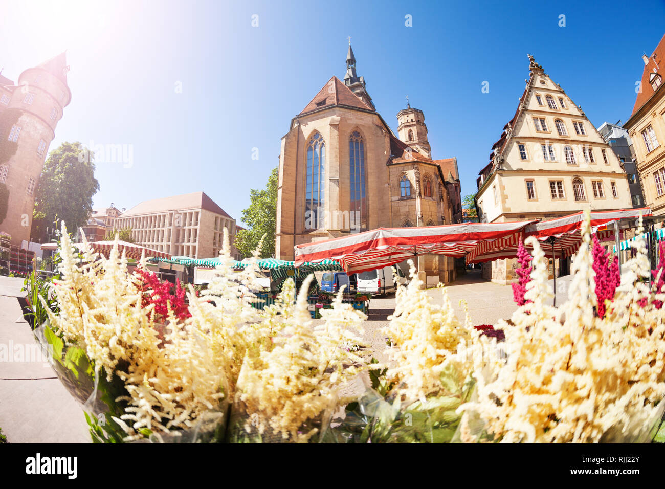 Farmer's market with flowers on Schillerplatz square in Stuttgart