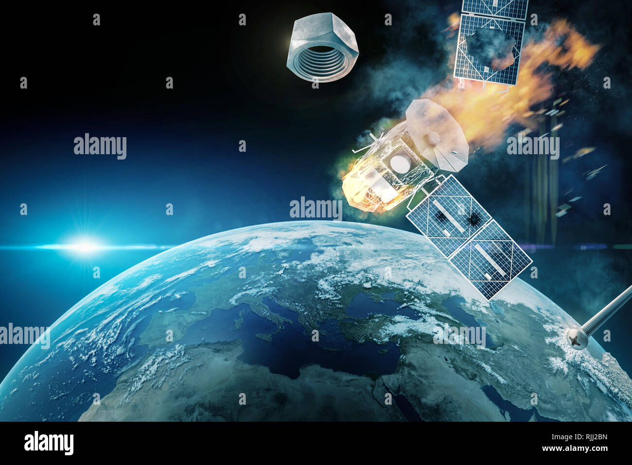 a satellite collides with space junk Stock Photo