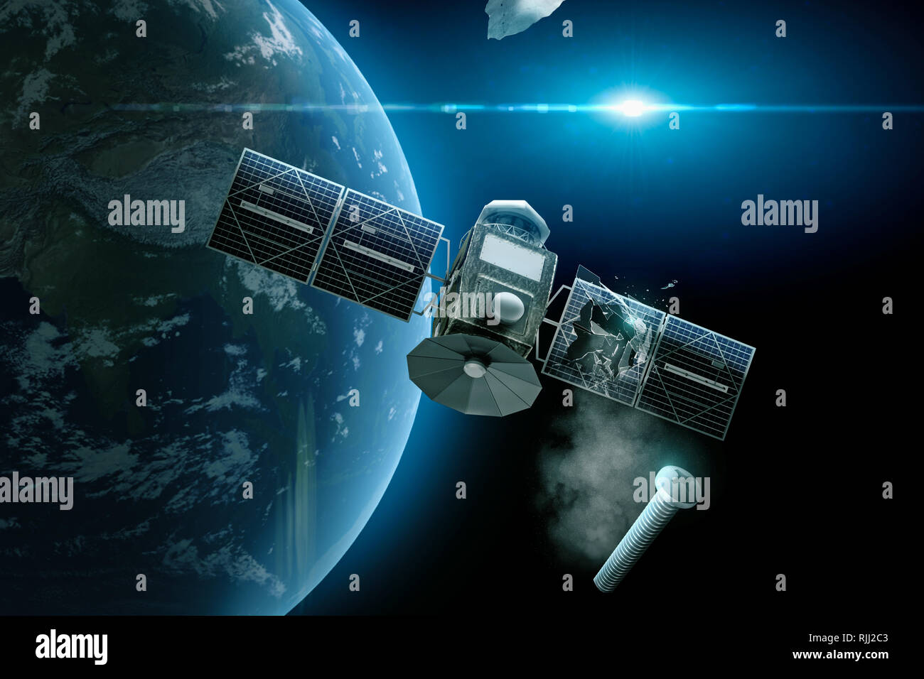 a satellite collides with space junk Stock Photo
