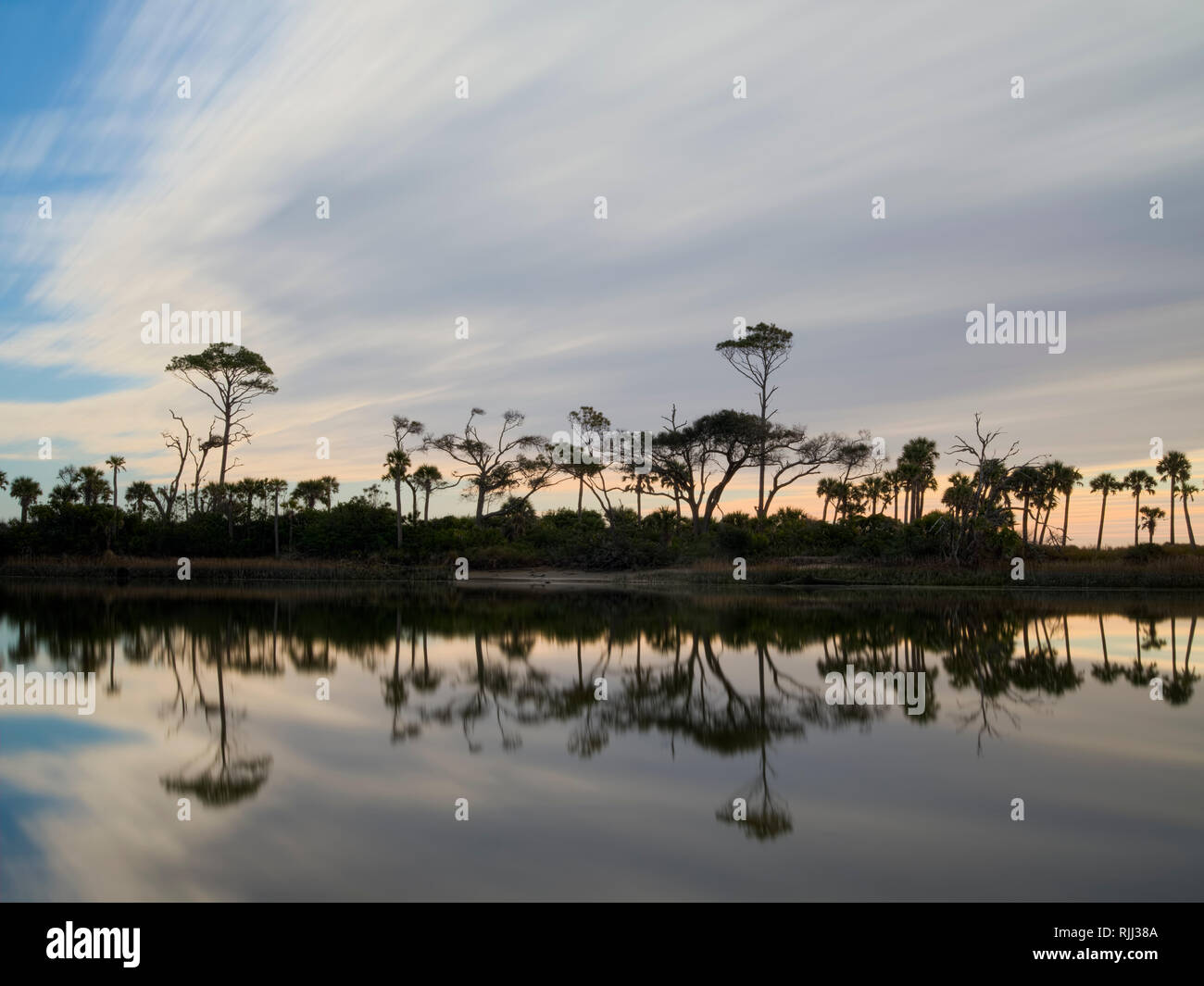 Hunting Island State Park, South Carolina. Looking over lagoon toward treeline along beach in early morning. Stock Photo