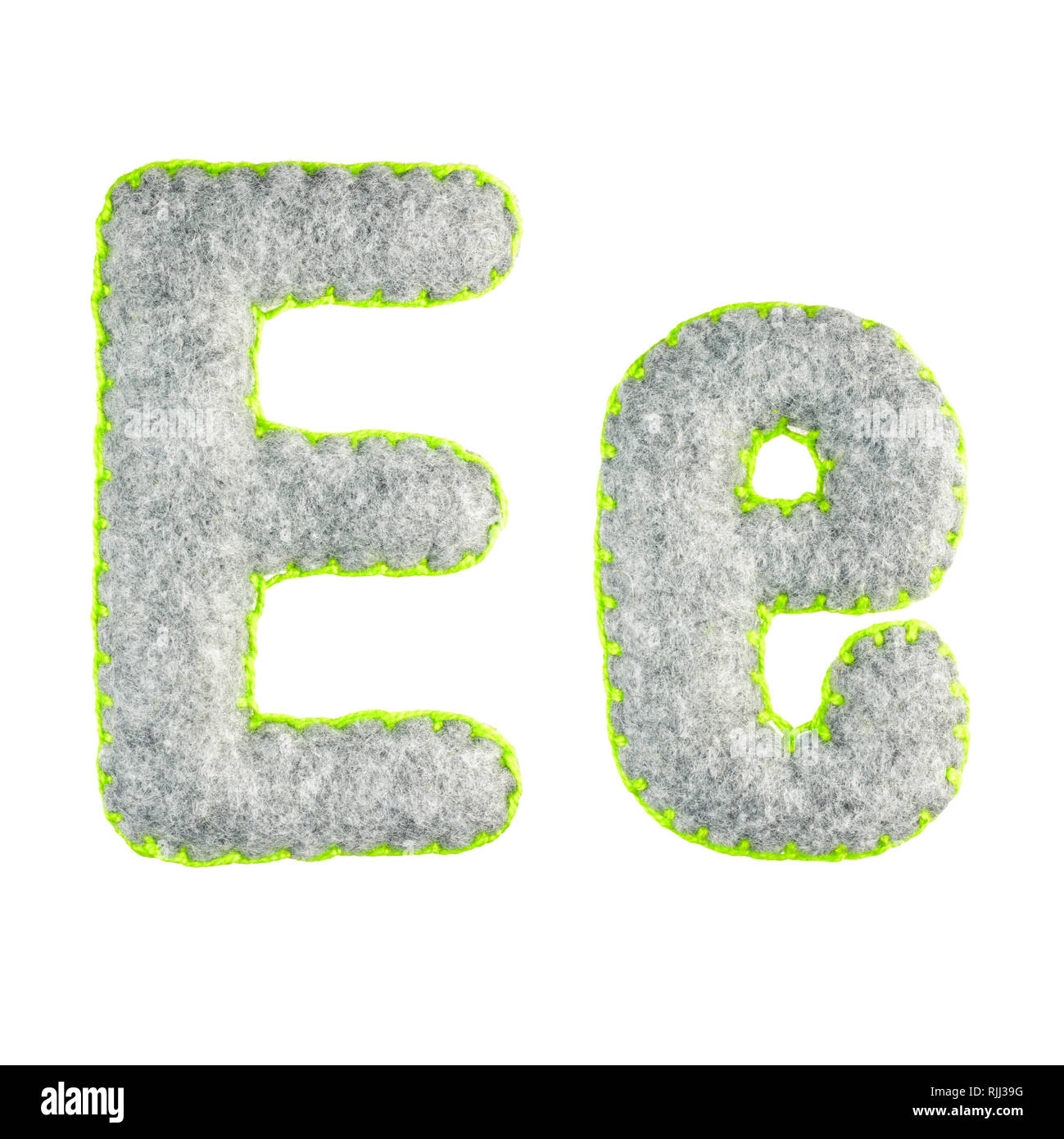 The letter E of the Latin alphabet isolated on a white background. The main and upper letter of the alphabet of gray felt. Soft font with rounded edge Stock Photo