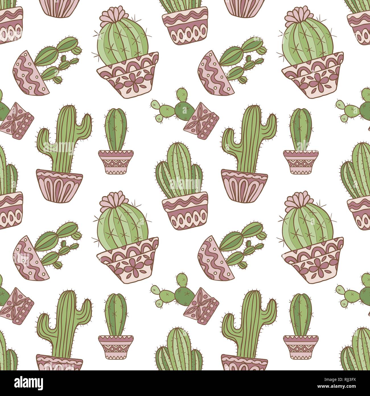 Vector color seamless pattern. Hand drawn sketch, vector cactus set ...
