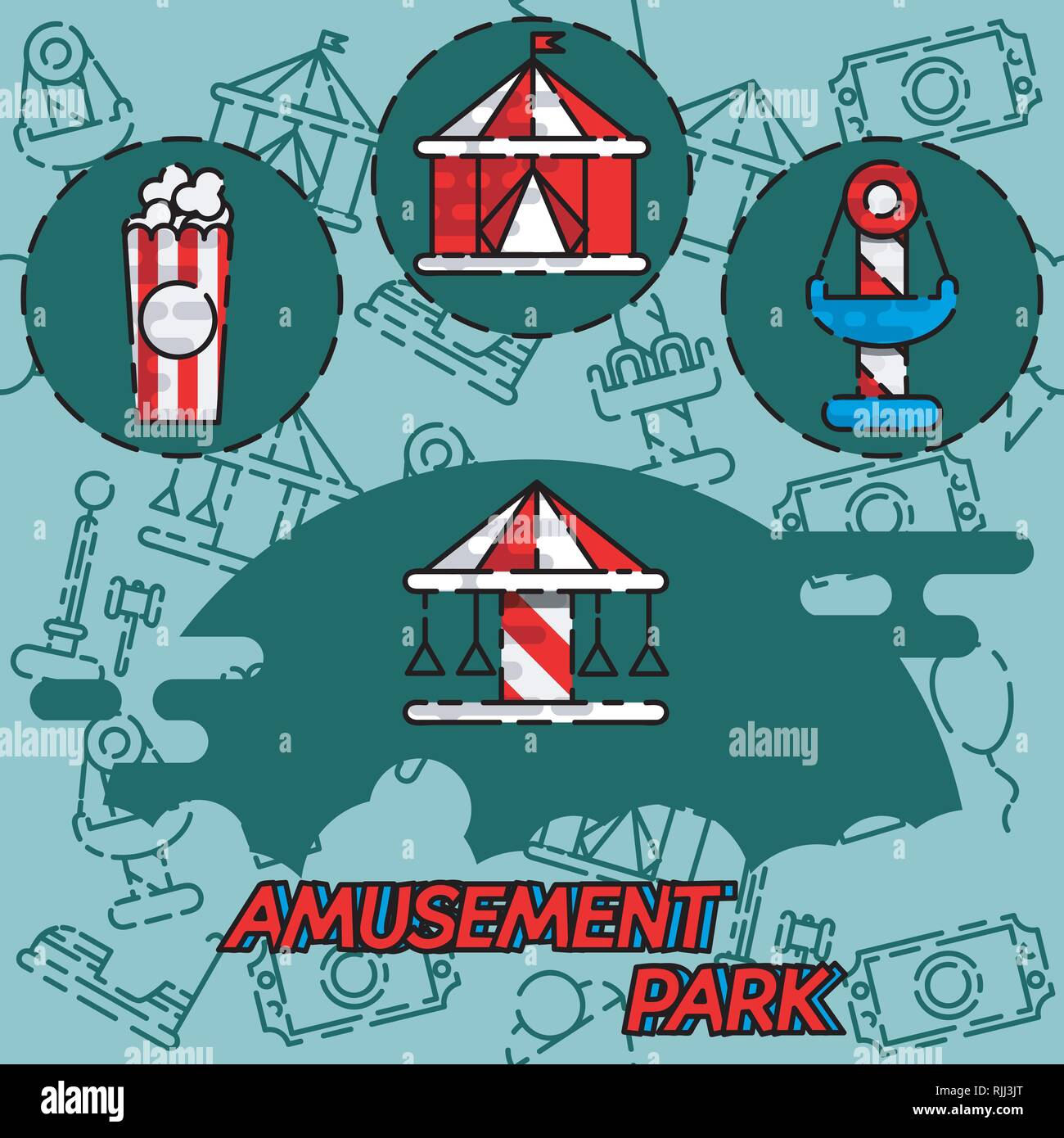 Amusement park flat icons set with attractions isolated vector illustration Stock Vector