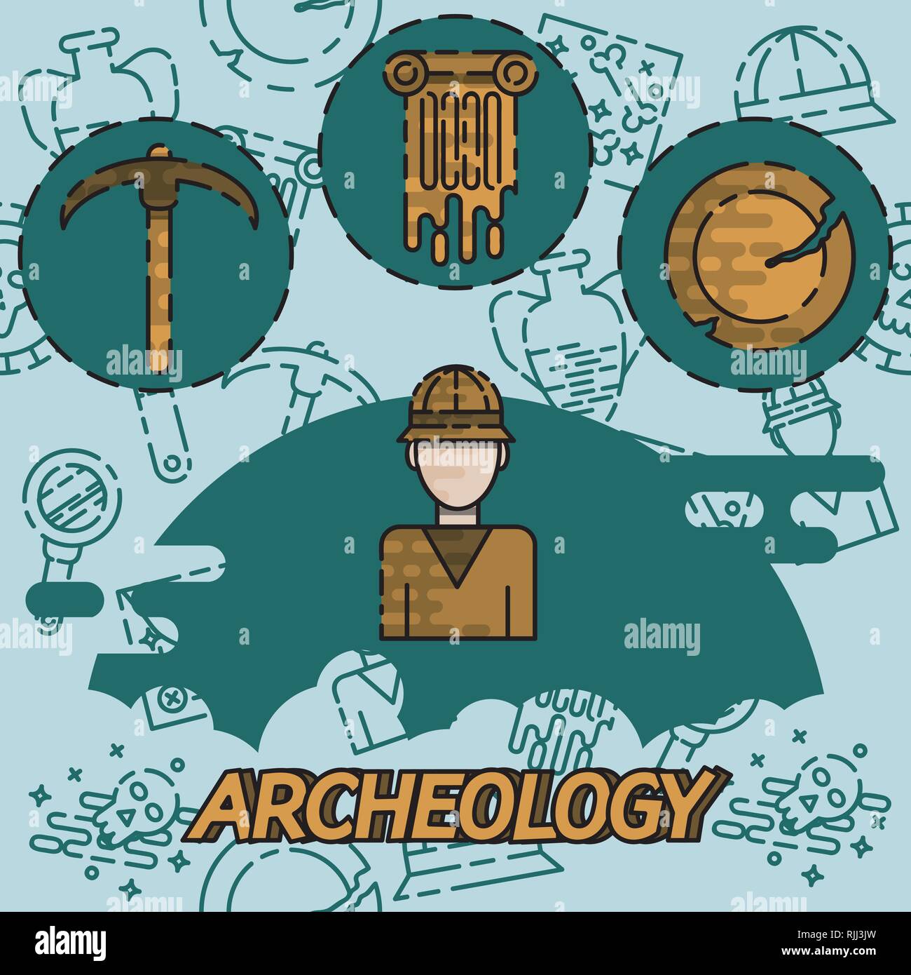 Archeology flat concept icons. Historical. Tools for excavations ...