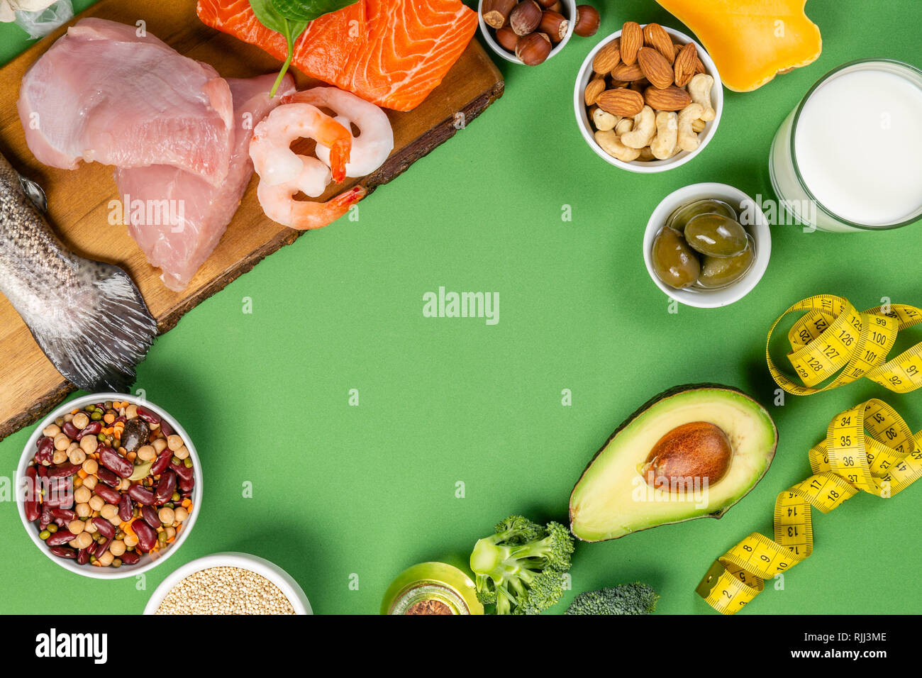 Mediterranean diet concept meat, fish, fruits and vegetables Stock