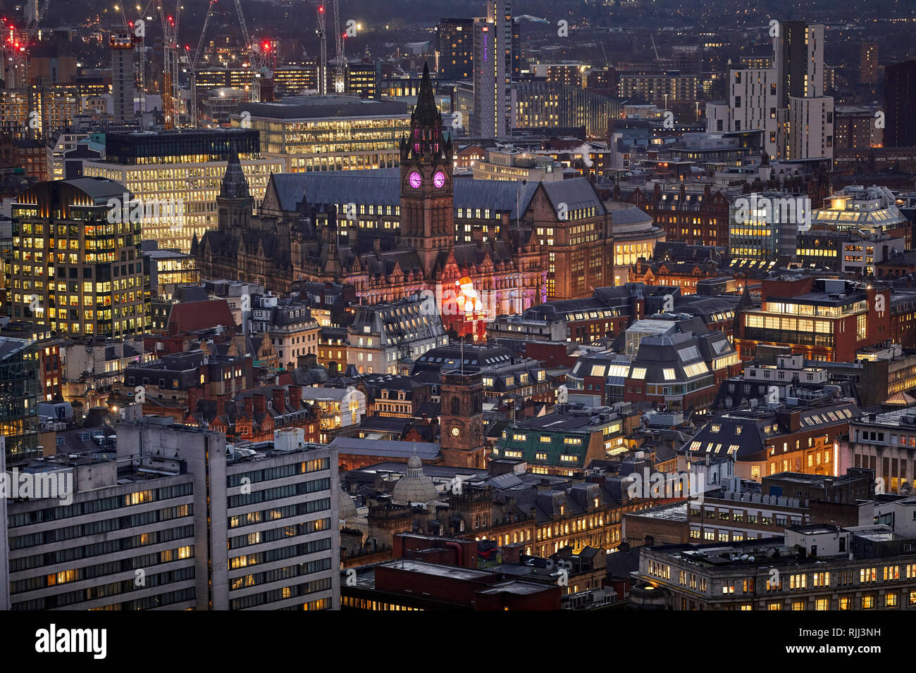 Manchester city centre skyline view across the rooftops from Salford 100 Greengate, Town hall