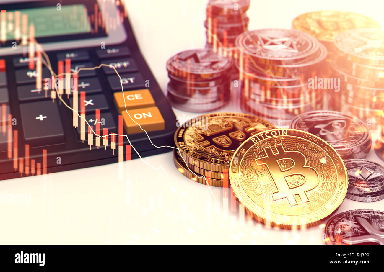 Piles of Bitcoin and other cryptocurrencies with red stock market diagram  overlay. Big losses on cryptocurrency investments. 3D rendering Stock Photo  - Alamy
