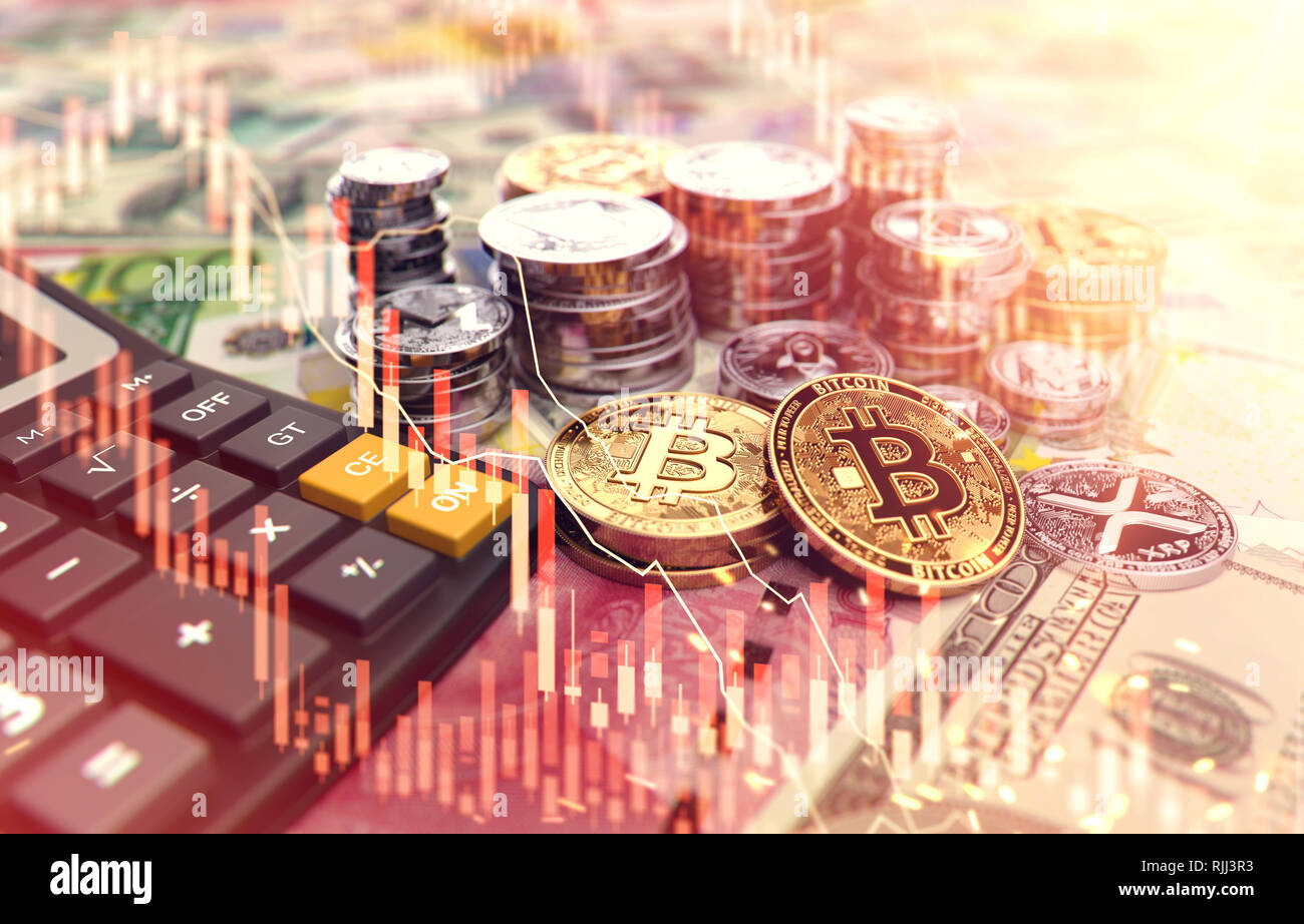 Piles of Bitcoin and other cryptocurrencies with red stock market diagram  overlay. Big losses on cryptocurrency investments. 3D rendering Stock Photo  - Alamy