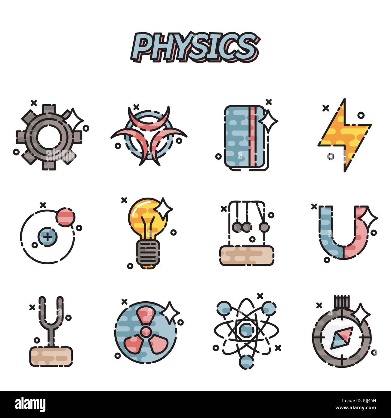 Physics flat icons set. Measuring equipment, instrumentation and elements Stock Vector