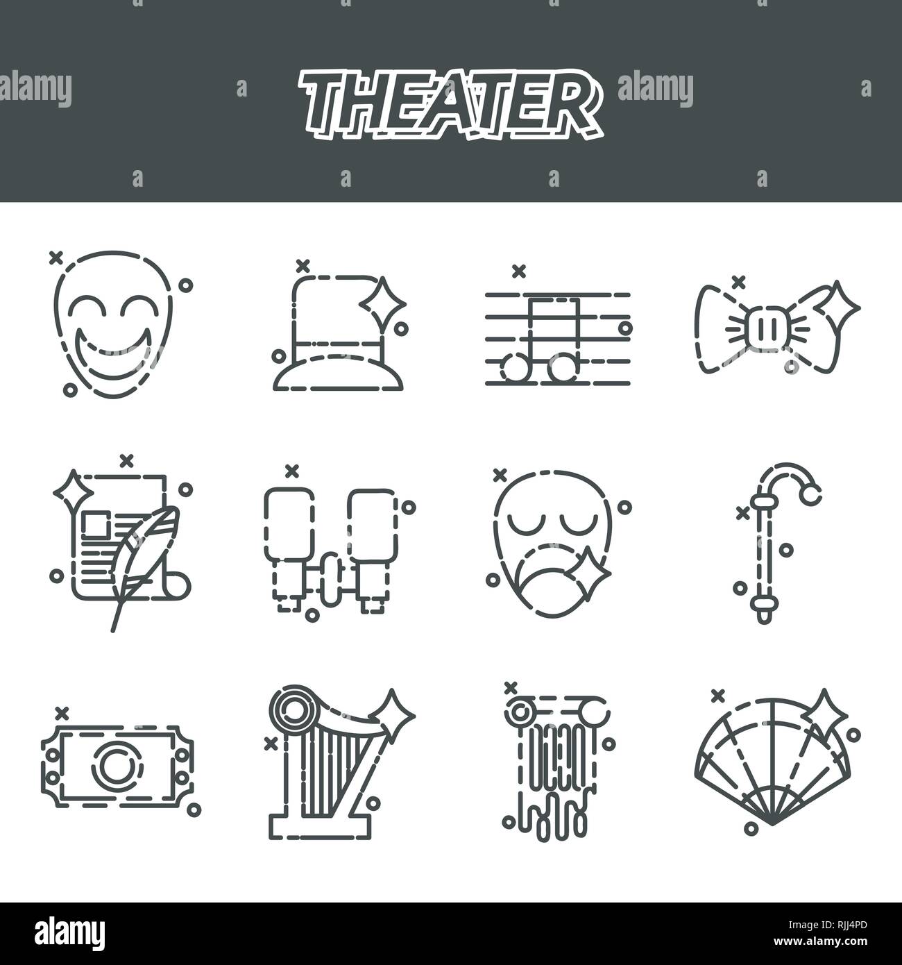 Theater icons set, drama, comedy, curtain and mask, tragedy Vector ...
