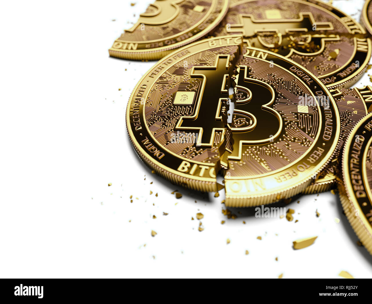 Close-up shot on broken or cracked Bitcoin coins laying on white  background. Bitcoin crash concept. 3D rendering Stock Photo - Alamy