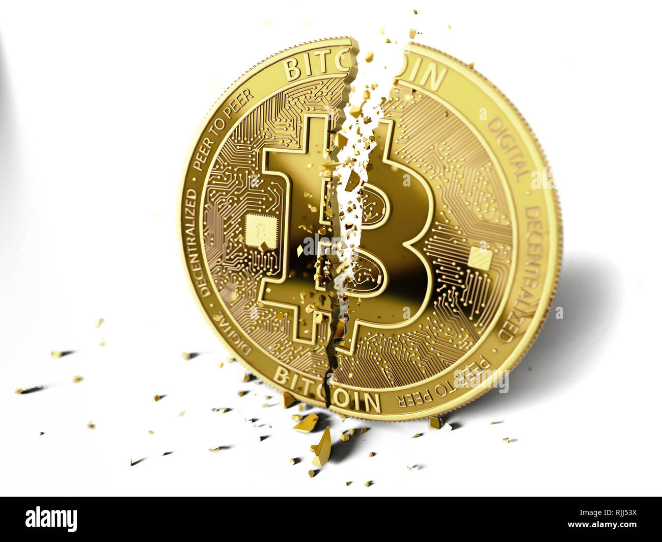 A broken or cracked Bitcoin on white background. Isolated on white. Bitcoin  crash concept. 3D rendering Stock Photo - Alamy