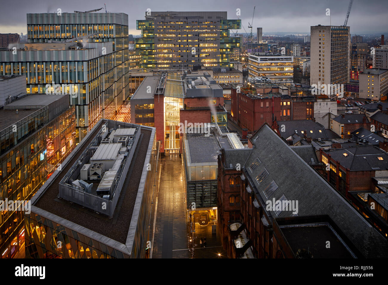 View from 125 Deansgate Looking down on Spinningfileds 1 The Avenue and Manchester Civil Justice Centre Stock Photo