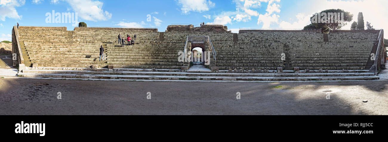 Ostia Antica Rome, Italy -February 03, 2019: Panoramic view of the theater's cavea  in Ostia Antica located in the homonymous archaeological excavatio Stock Photo