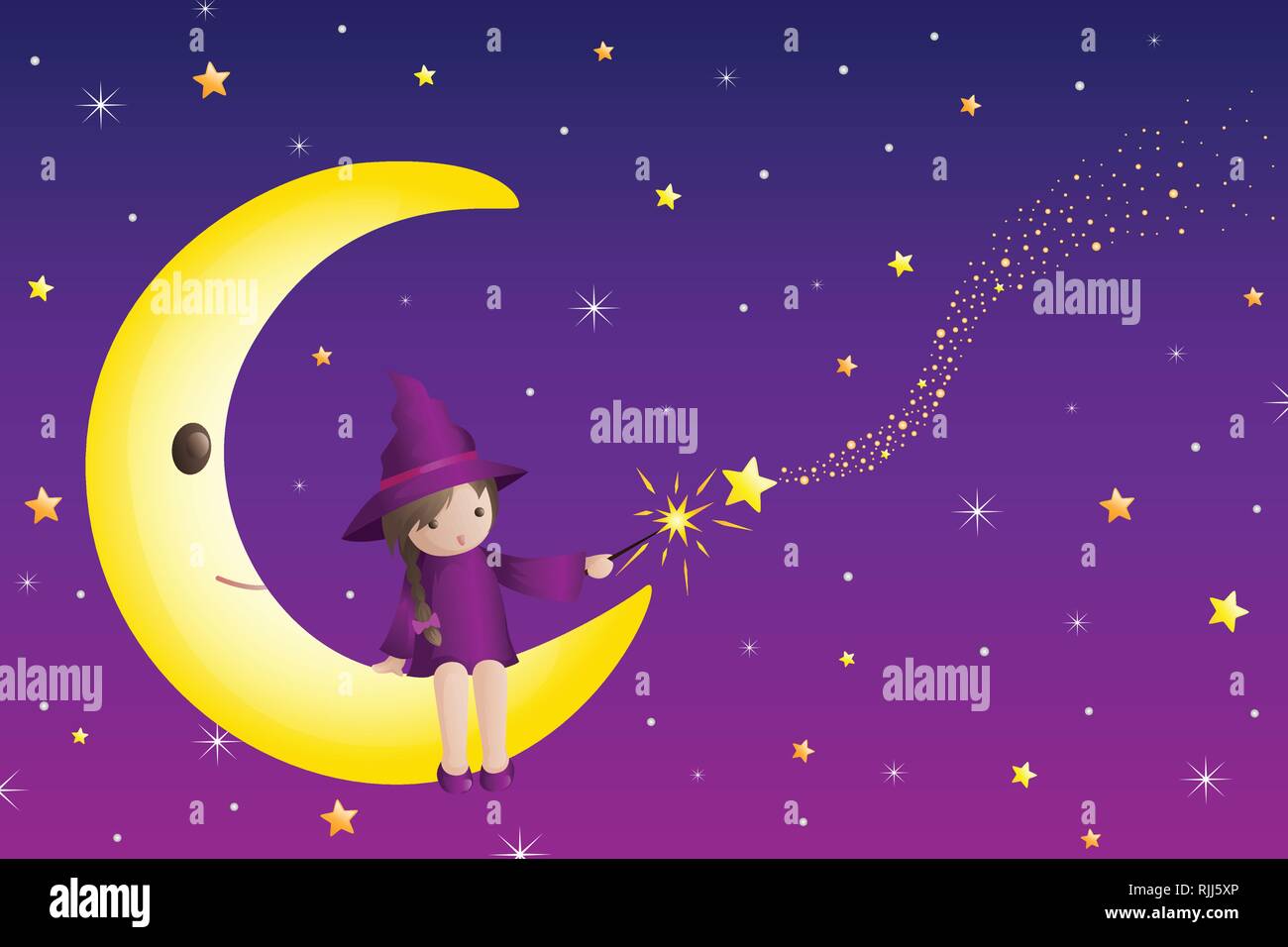 A vector illustration of Little Girl Wizard Sitting on a Half Moon Stock Vector