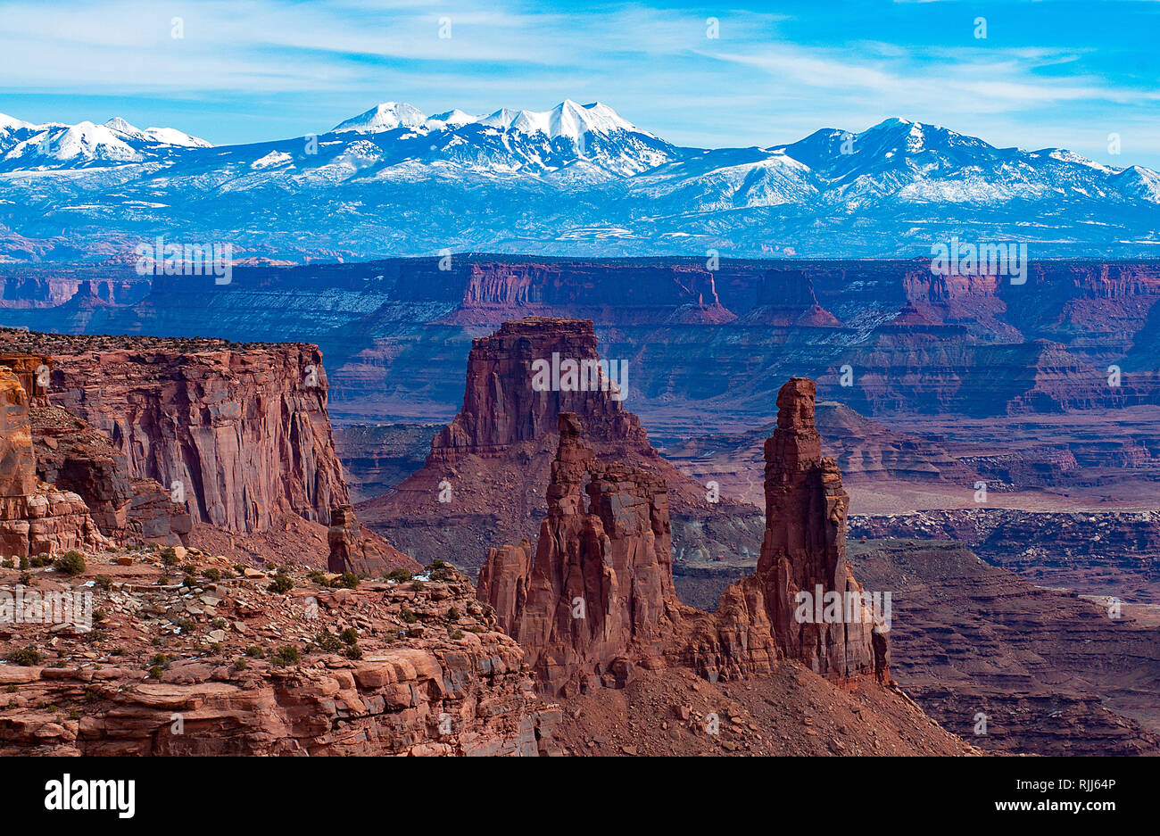 January 2019: The red sandstone canyon walls of Island in the Sky lead toward the snow capped peaks of the La Sal Mountain Range, Canyonlands NP. Stock Photo