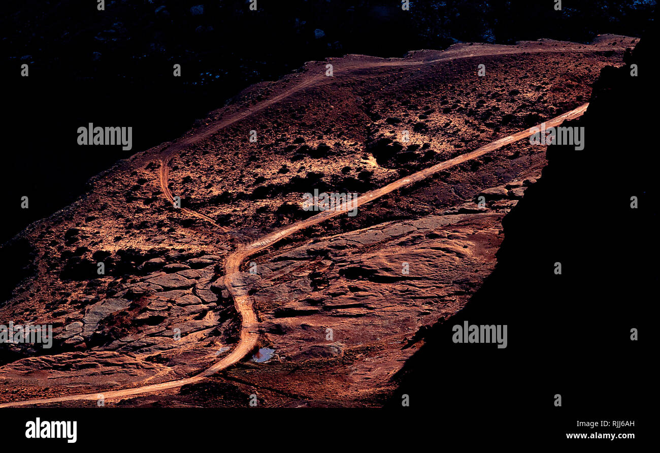 January 2019: The challenging 4x4 drive White Rim Trail winds it's through 100 miles of canyon sandstone in Canyonlands National Park, near Moab, Utah Stock Photo