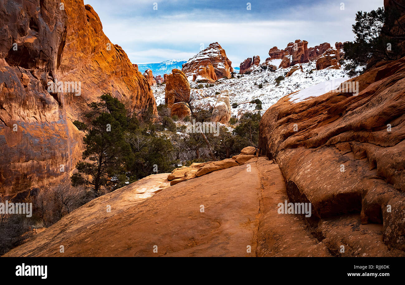 January 2019: A recent winter snowfall along Devil's Garden Trail in Arches National Park, Moab, Utah. Stock Photo