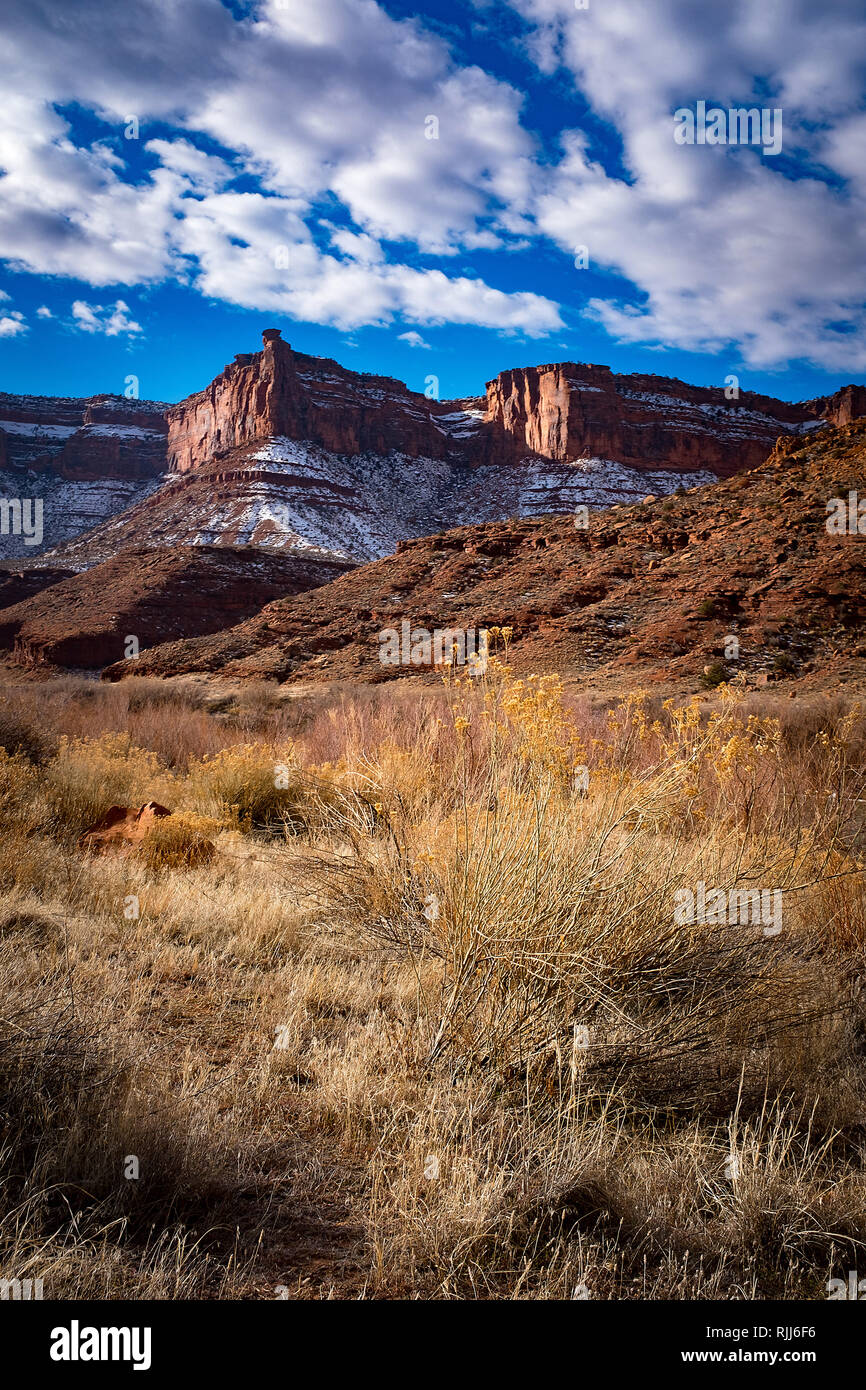 January 2019: The Colorado River winds its way along Utah Highway128 providing a scenic drive into the red sandstone canyons near Moab, Utah. Stock Photo