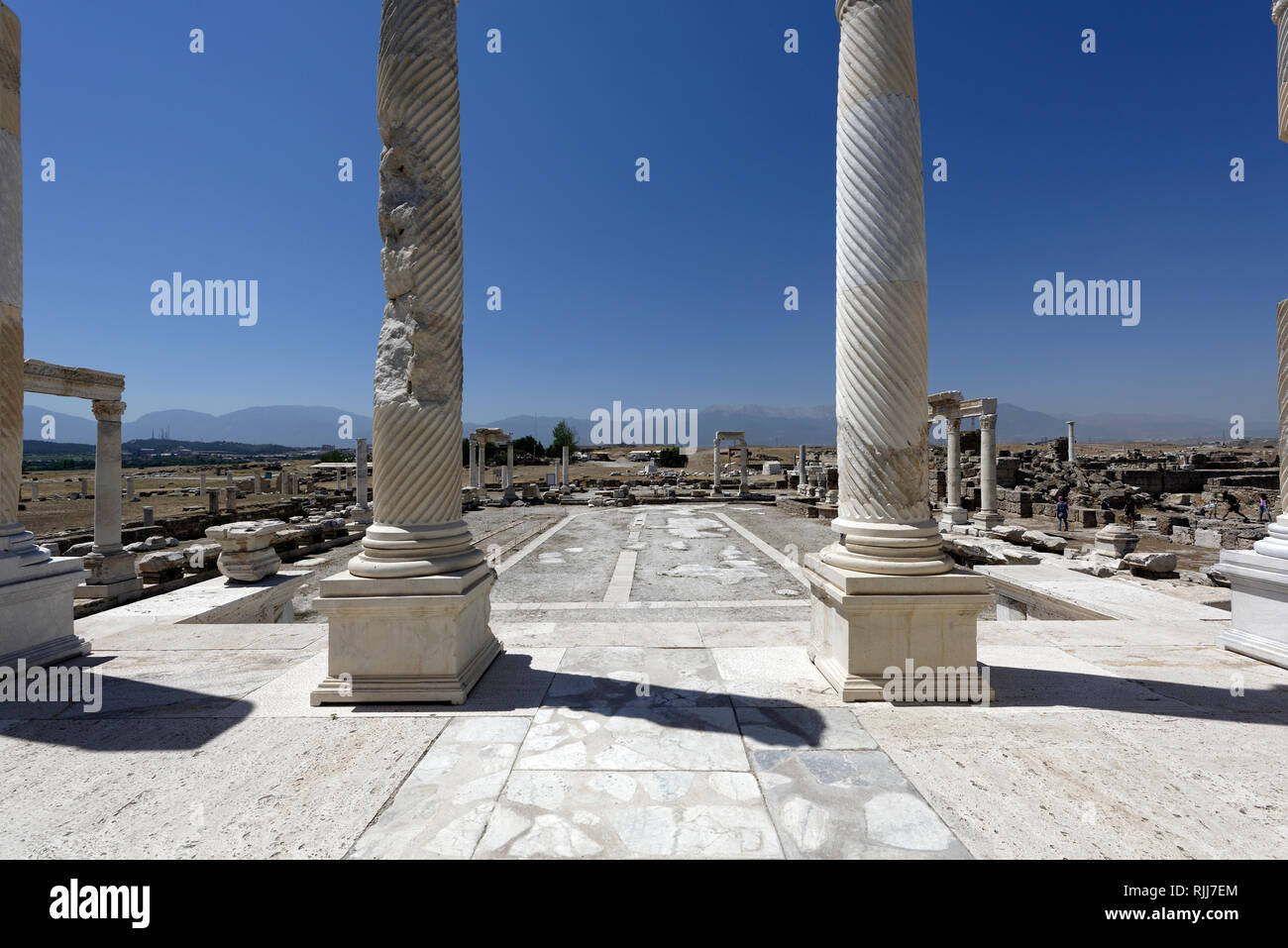 View to the courtyard through the spiral fluted columns of Temple A
