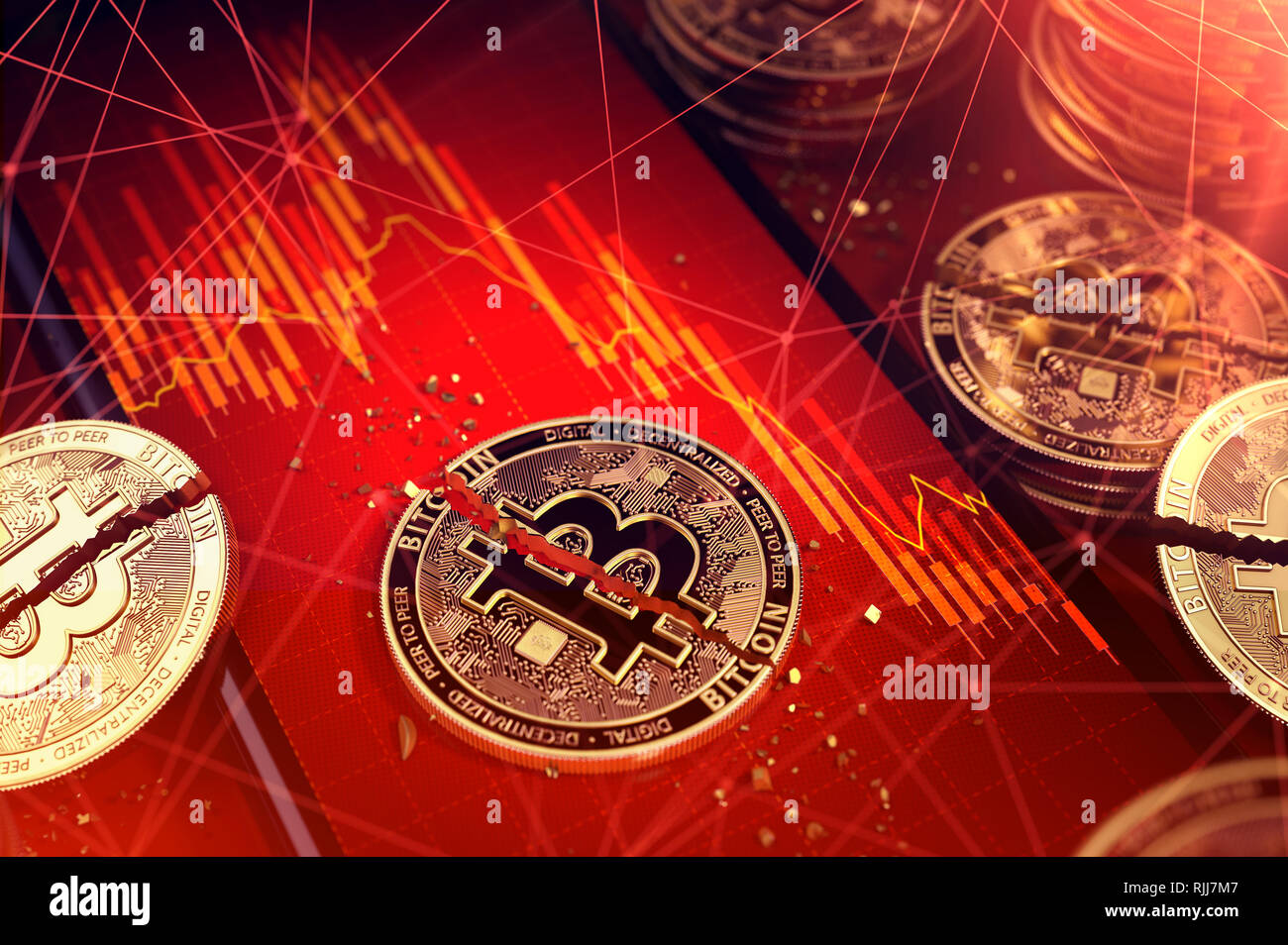 Broken bitcoin split in two pieces laying on a smartphone screen with  stock-market diagram in red color. Bad news for bitcoin investors concept.  3D re Stock Photo - Alamy