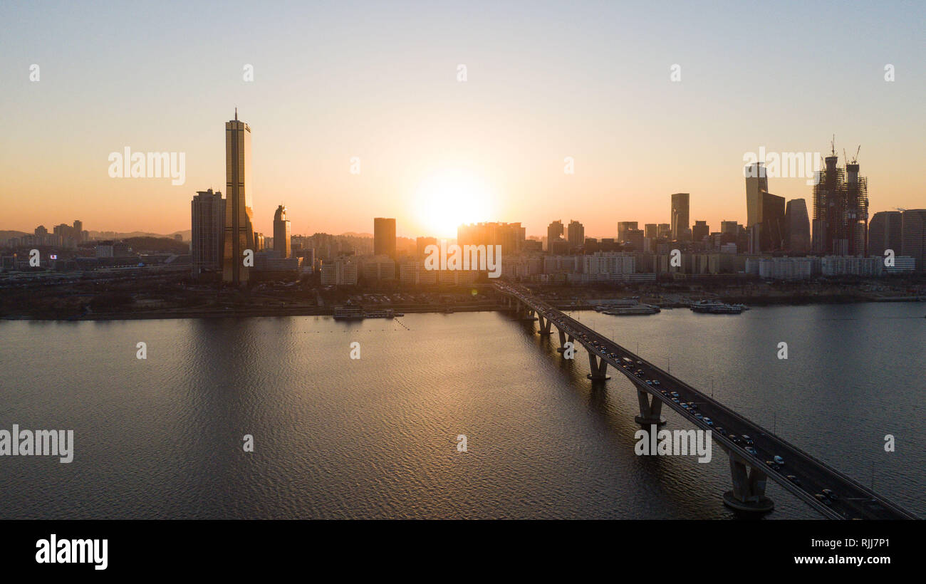 Seoul, view of the city from the drone. bridges across the river ...
