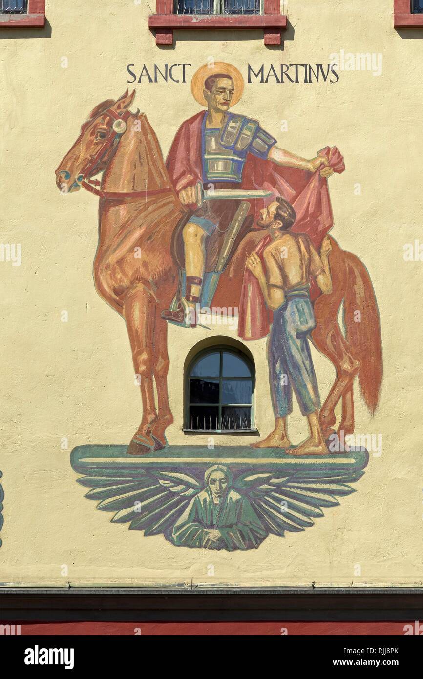 Saint St. Martin, mural painting at Martinstor, Wangen, Allgäu, Baden-Württemberg, Germany Stock Photo