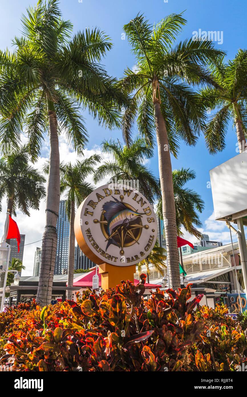 Restaurant sign, Tradewinds, Bayside Marketplace, Shopping Mall, Miamarina at Bayside, Biscayne Boulevard, Downtown, Miami Stock Photo