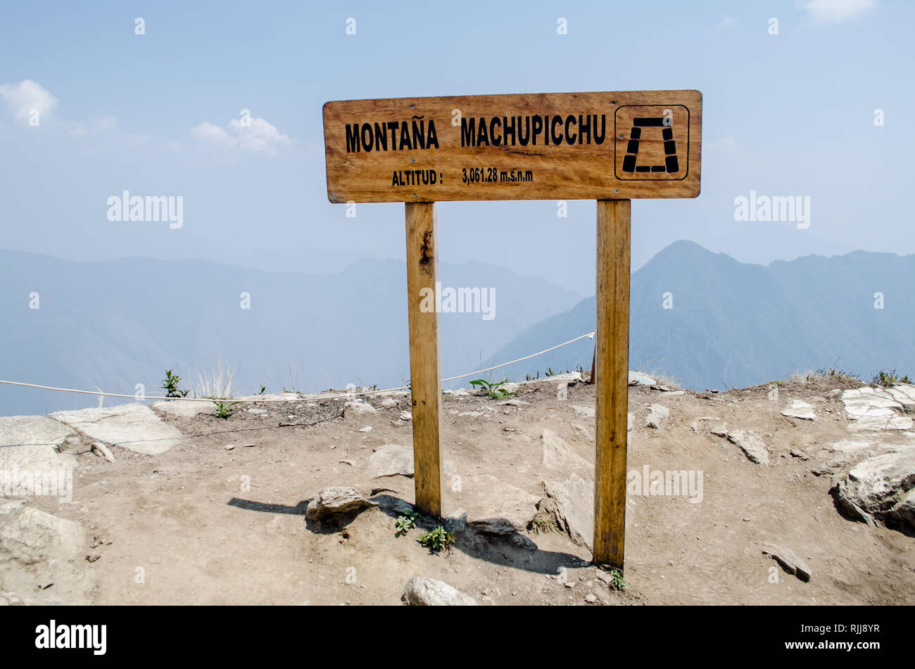 Sign at Machu Picchu Mountain top Stock Photo