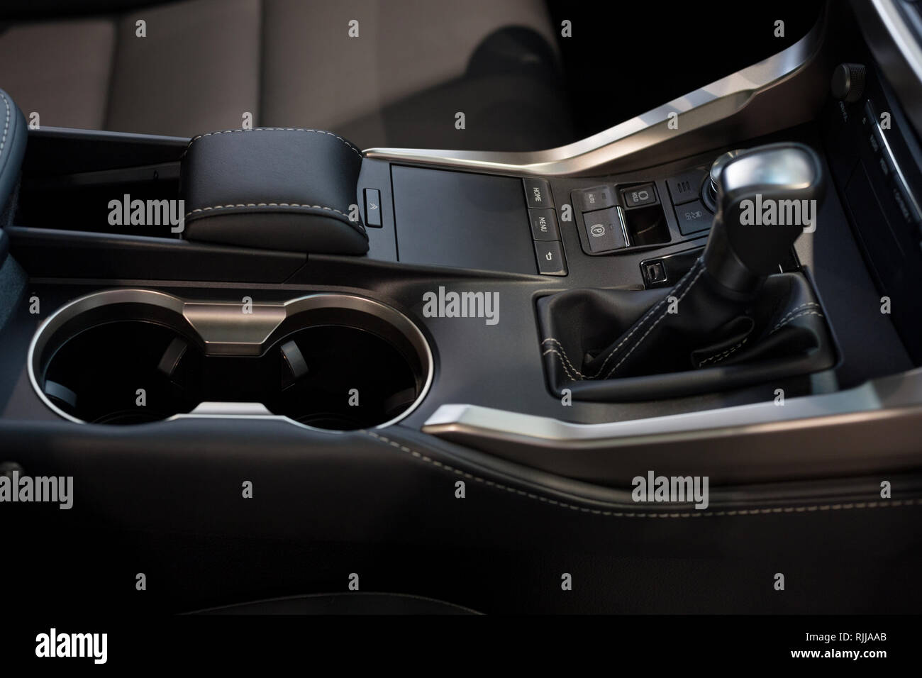 Modern manual transmission of new vehicle. Close up. Modern transportation. Stock Photo