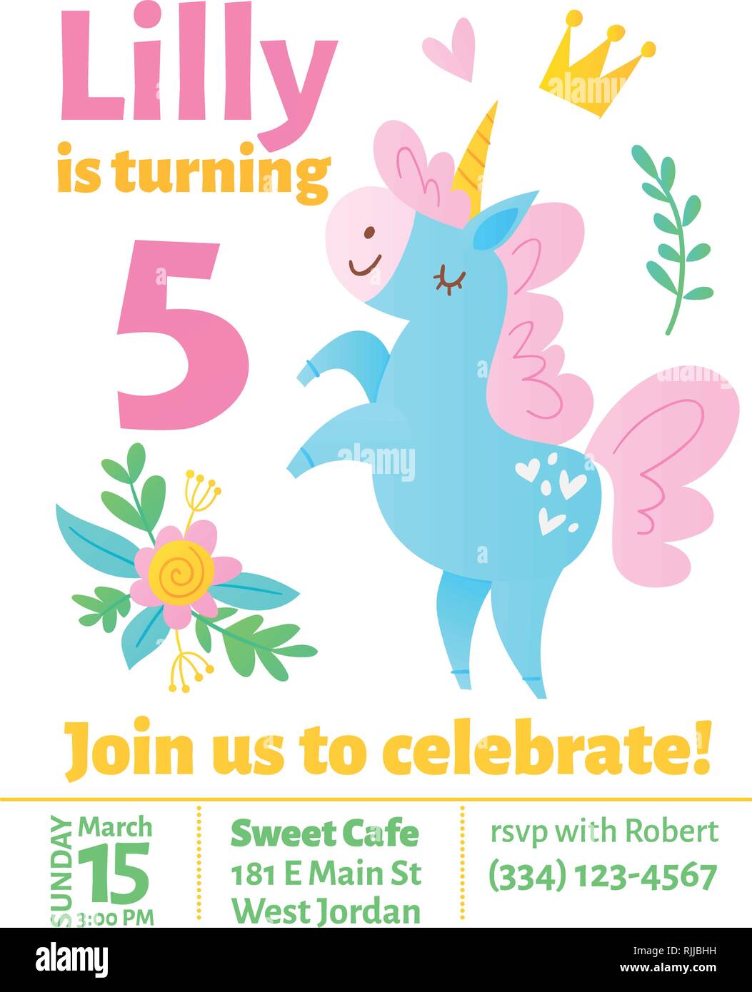Cute vector birthday invitaition with funny unicorn Stock Vector