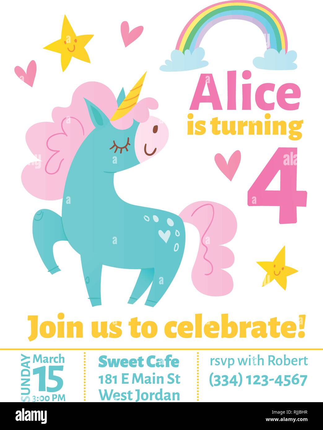 Cute vector birthday invitaition with cute unicorn Stock Vector