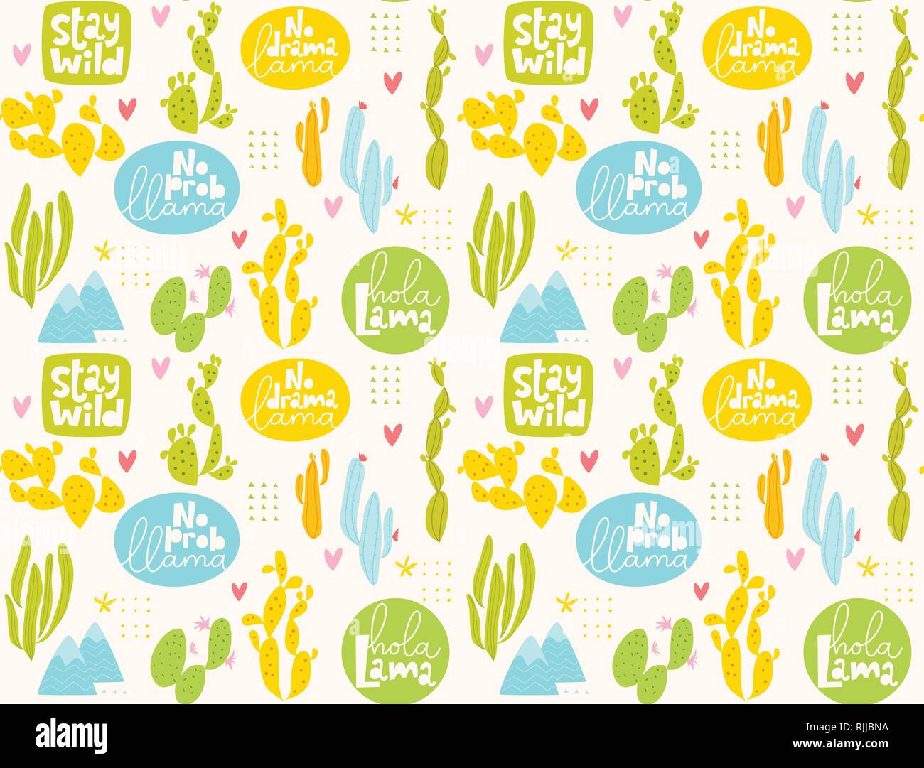 Vector summer seamless pattern with cactus and lettering. Stock Vector
