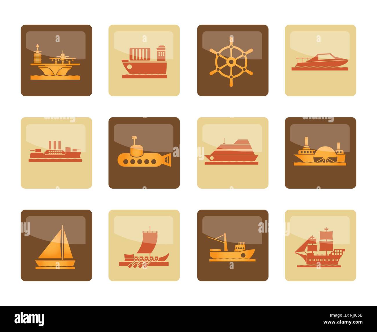 Different types of boat and ship icons over brown background - Vector icon set Stock Vector