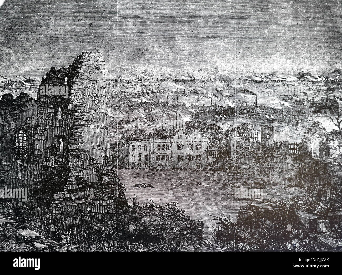 An engraving depicting a view of Dudley from the castle at night, showing the smoke from the chimneys of the ironworks. Dated 19th century Stock Photo
