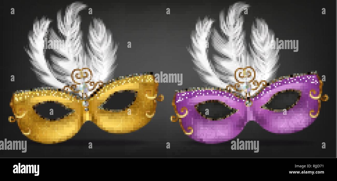 Golden and purple mask with feathers Vector realistic. Stylish Masquerade Party. Mardi Gras card invitation. Night Party Poster. Dance Flyer. Musical  Stock Vector